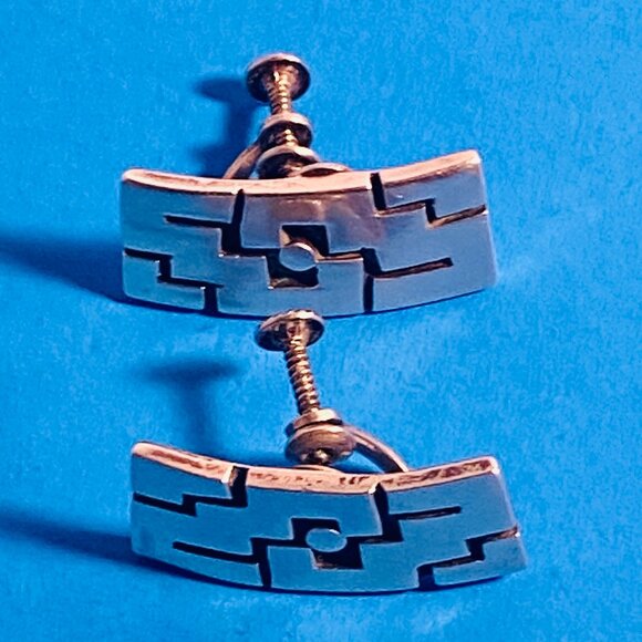 Vintage 925 Sterling Silver TAXCO Artisan Earrings Signed Screwback 40's Design - Picture 9 of 16